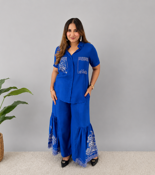 Blue Cord Set With Embroidery