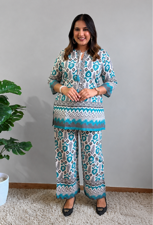 Blue And White Printed Cord Set