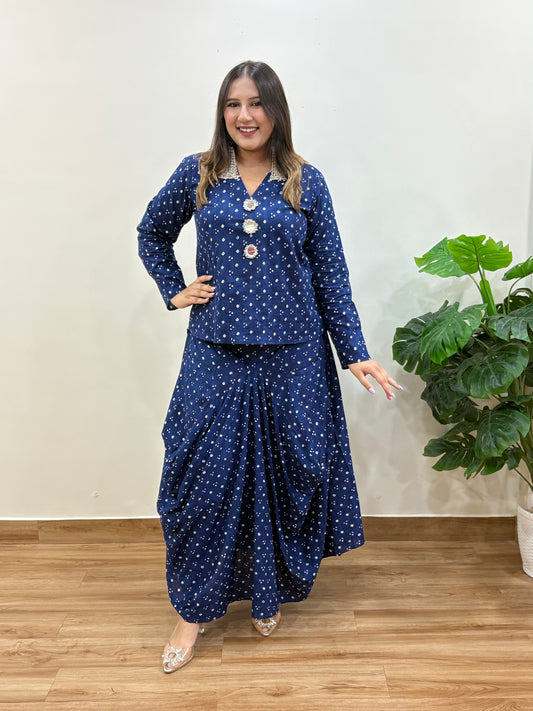 Blue Bandhani Cowl Skirt Set