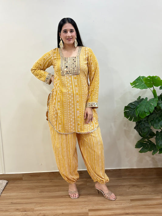 Yellow Mirror Work Balloon Pants Set