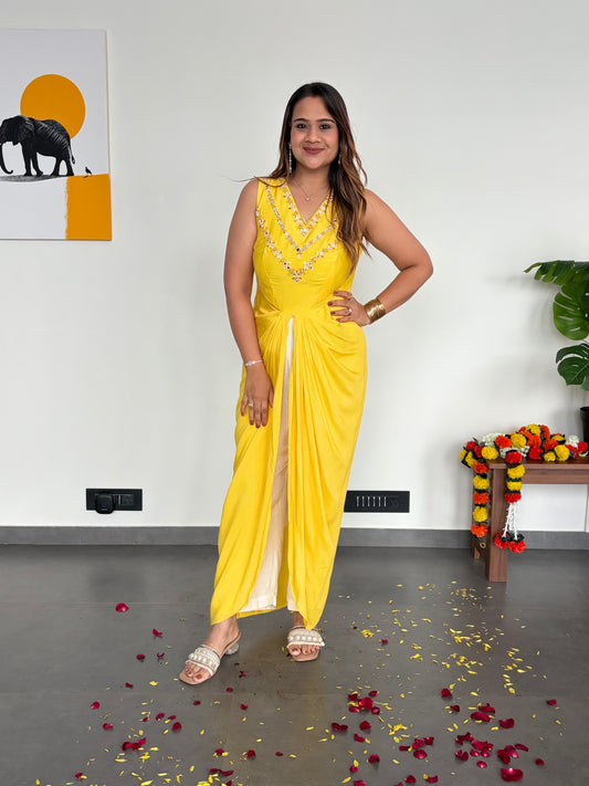 Yellow Draped Co-ord Set with Mirror Embroidery