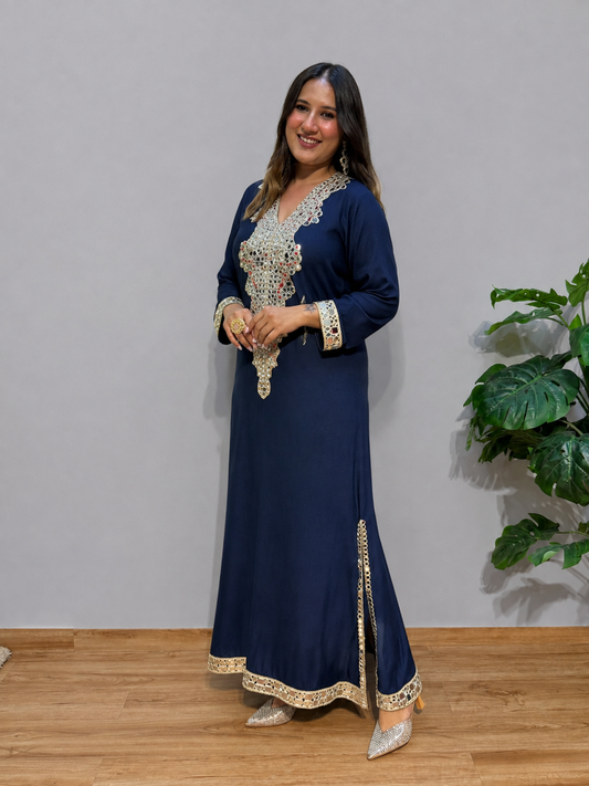 Navy Blue Mirror Work Side Slit Dress
