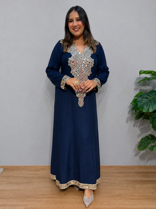 Navy Blue Mirror Work Side Slit Dress