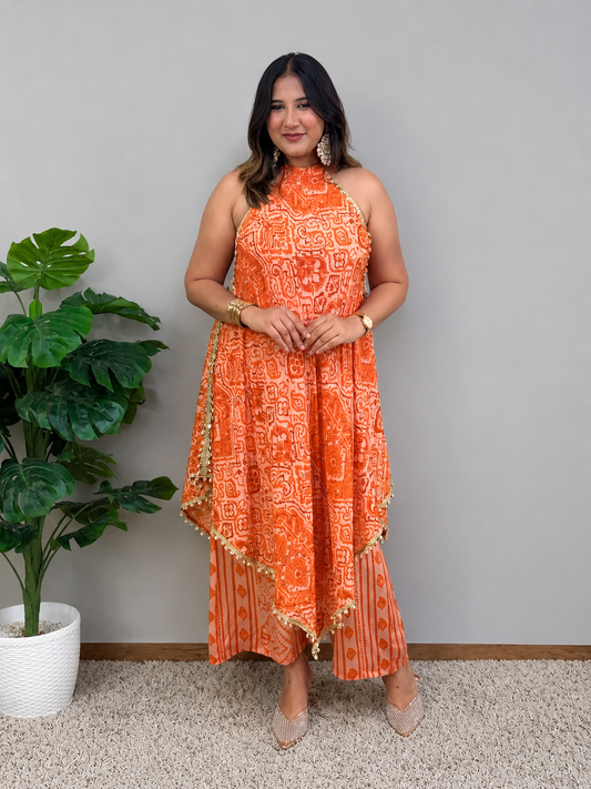 Orange Printed Halter Neck Cord Set