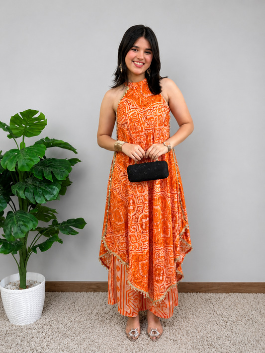 Orange Printed Halter Neck Cord Set