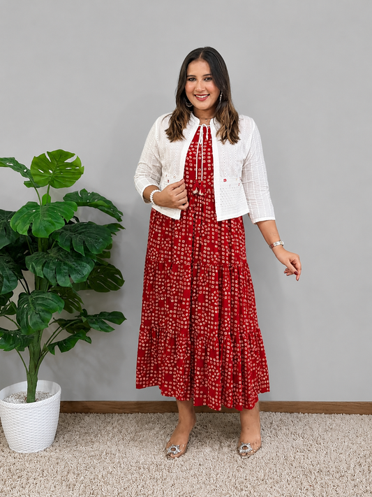 Red Bandhani Print Dress With Jacket