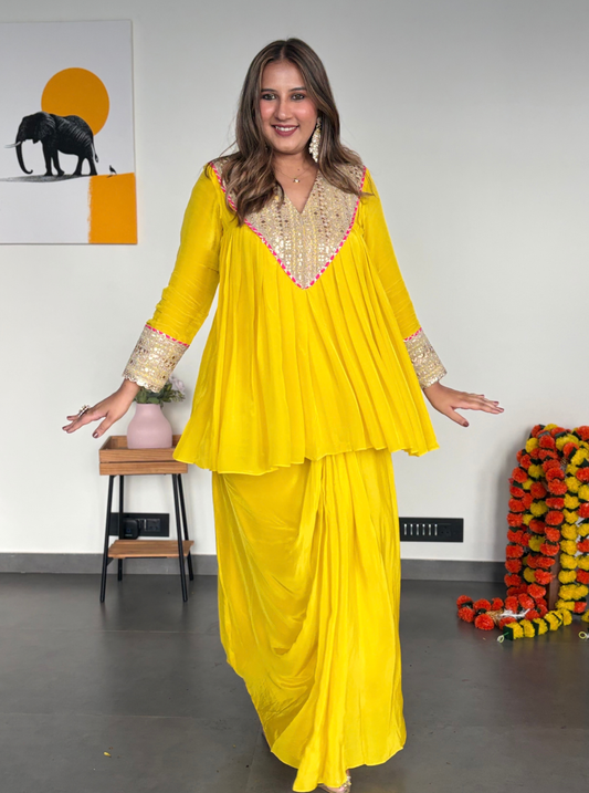 Flowy Yellow pleated Skirt Set
