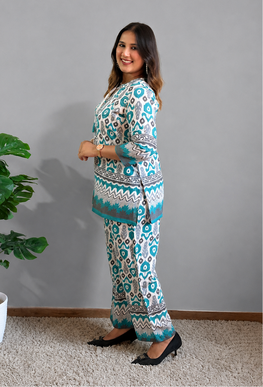 Blue And White Printed Cord Set