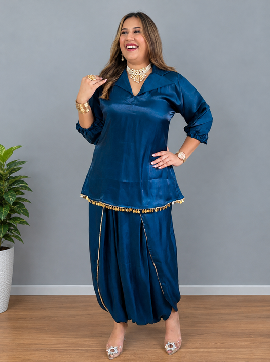 Navy Blue Shimmer Dhoti Skirt Set