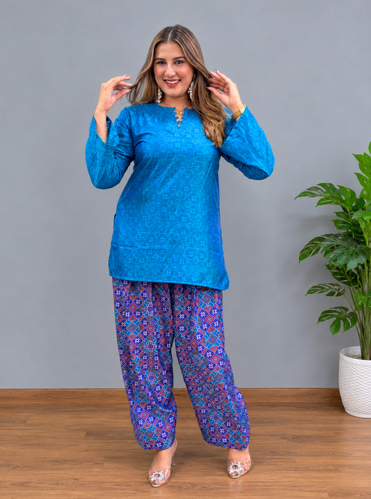 Peacock Blue Patola Print Co-ord Set