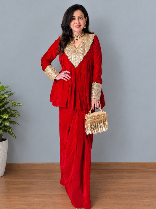 Flowy Red Pleated Skirt Set