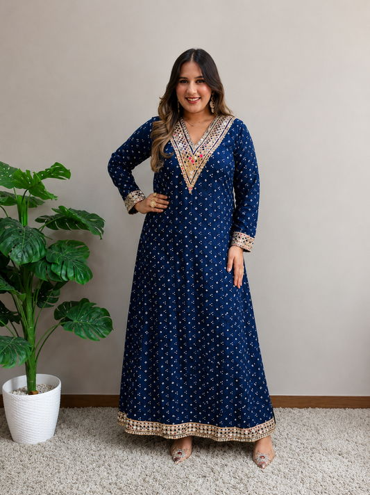 Blue Bandhani Print Slit Dress