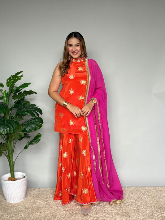 Orange Sharara Set With Pink Dupatta