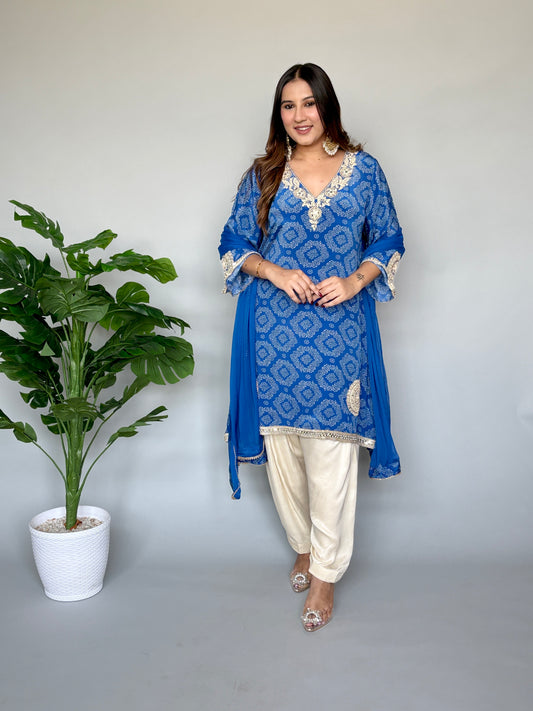 Blue Bandhani Dupatta Set with Gold Embroidery