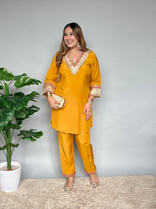 Mustard Yellow Cord Set With Embroidery