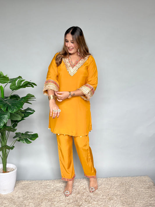 Mustard Yellow Cord Set With Embroidery