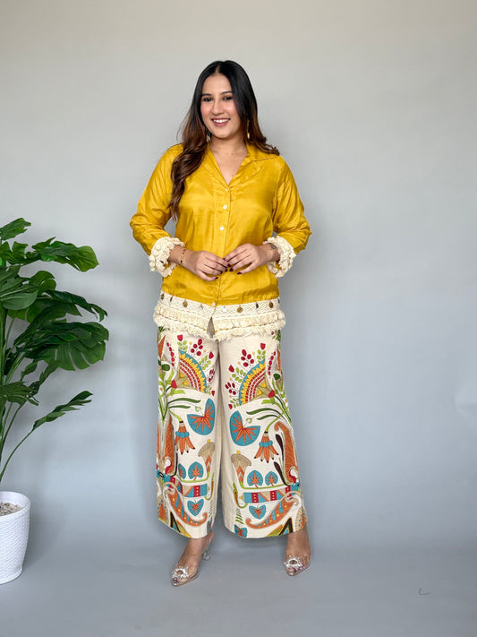 Crocheted Yellow Shirt & Printed Pants Co-ord Set