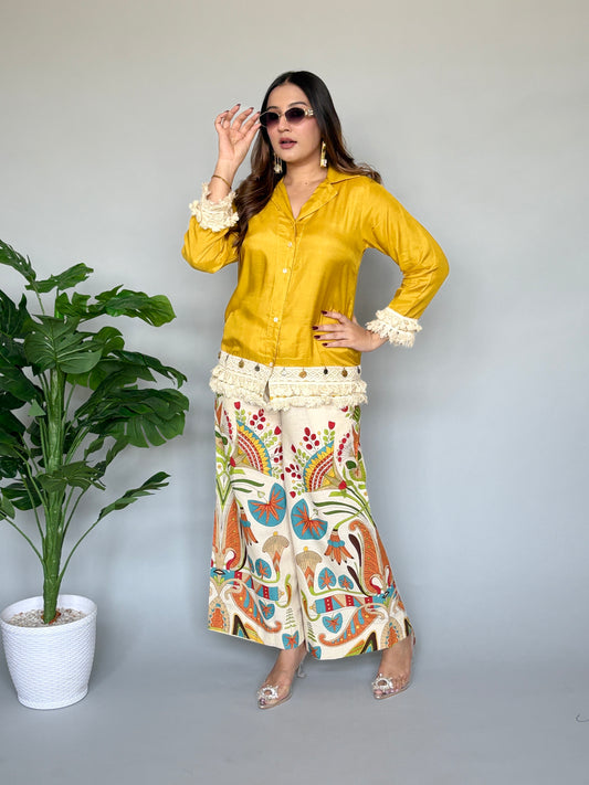 Crocheted Yellow Shirt & Printed Pants Co-ord Set
