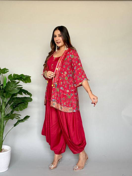 Red Dhoti Set With Coverup