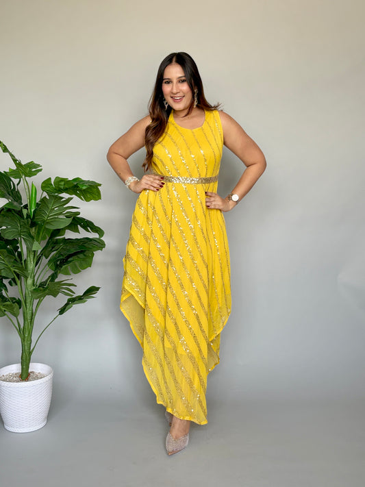 Yellow Free-Size Sequence Dress with Belt