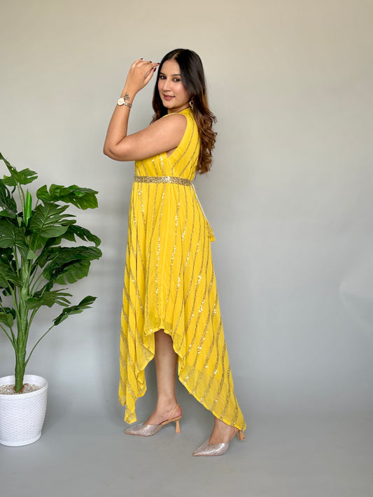 Yellow Free-Size Sequence Dress with Belt