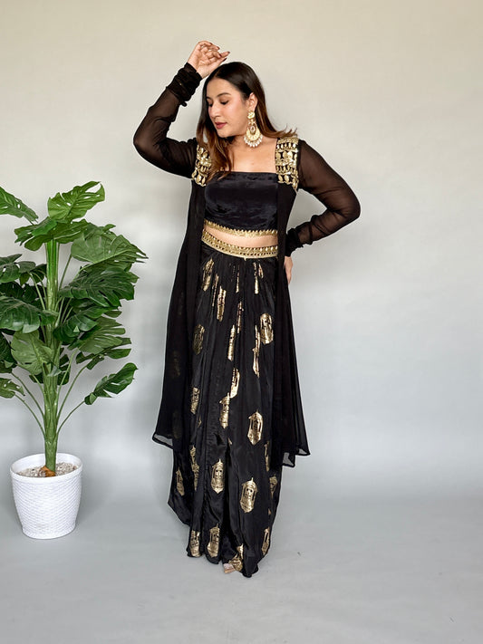 Luxurious Black And Gold 3 Piece Skirt Set