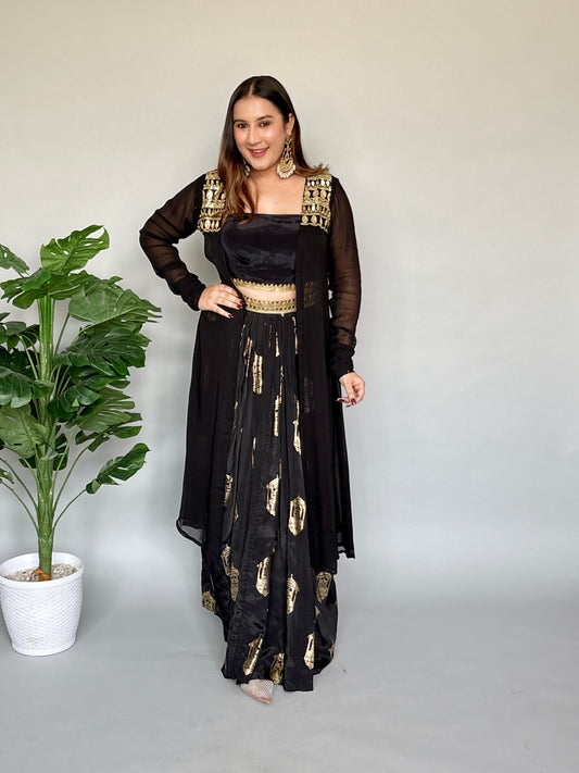 Luxurious Black And Gold 3 Piece Skirt Set