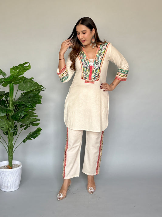 Off White Embroidered Cord Set