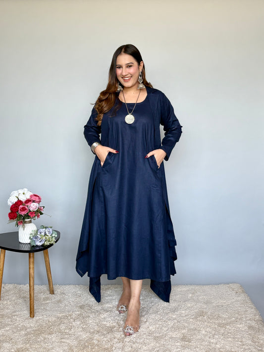 Navy Blue Asymmetrical Linen Dress With Jacket