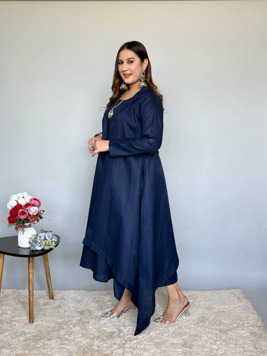 Navy Blue Asymmetrical Linen Dress With Jacket