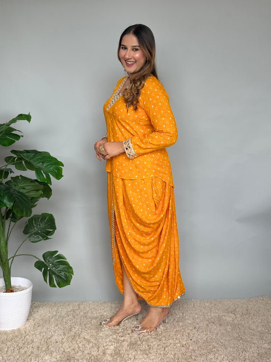 Yellow Bandhani Print Skirt Set With Mirrorwork