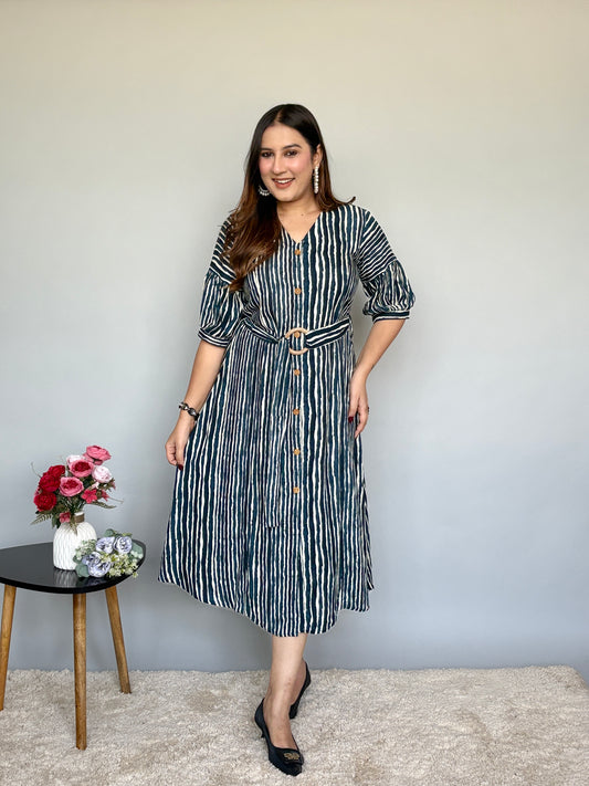 White And Blue Striped Midi Dress