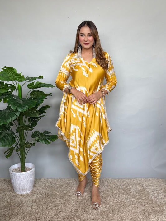 Yellow Asymmetrical Dhoti Set