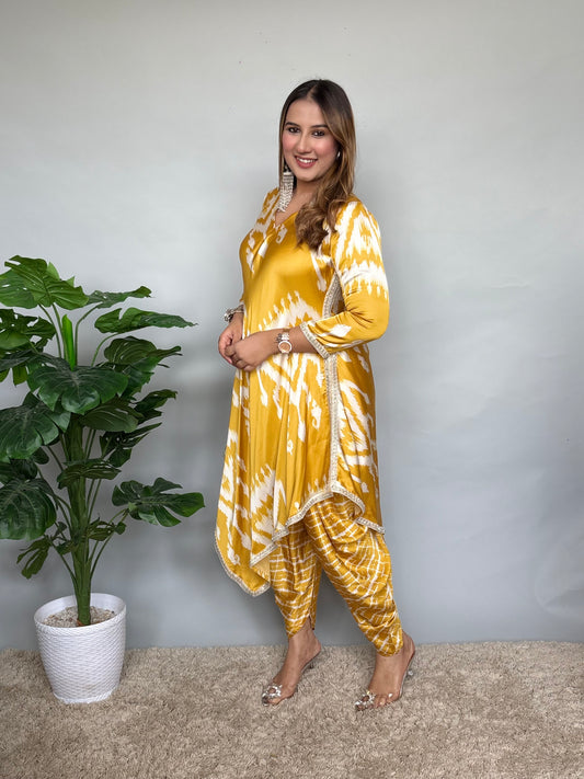 Yellow Asymmetrical Dhoti Set