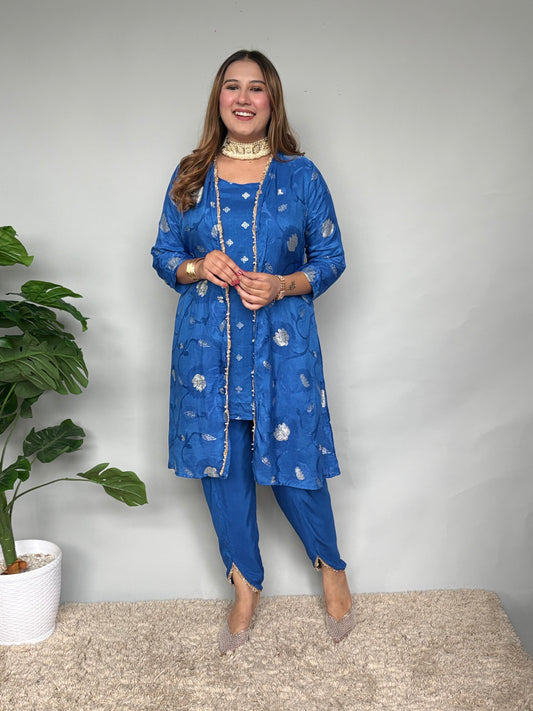 Blue Dhoti Set With Jacket