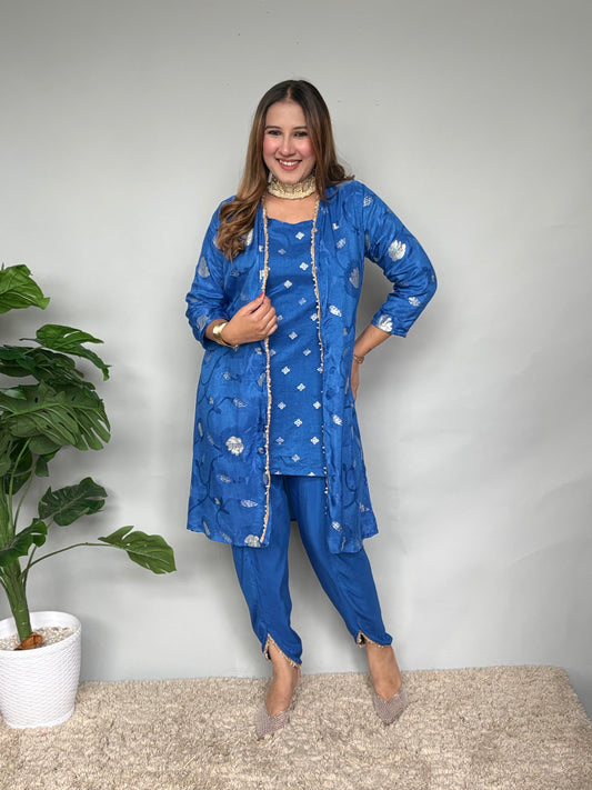 Blue Dhoti Set With Jacket