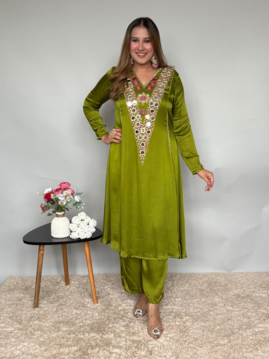 Olive Green Cord Set With Mirrorwork