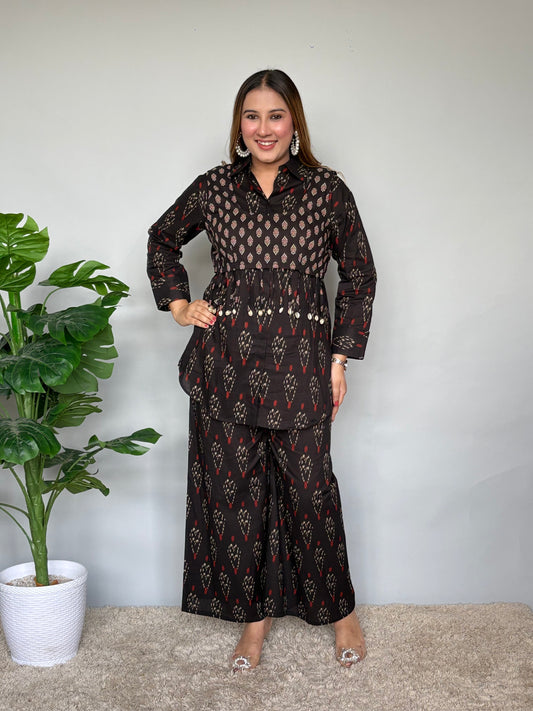 Black Printed Cord Set With Crop Top