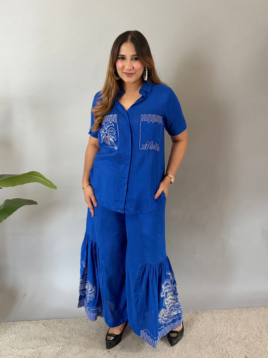 Blue Cord Set With Embroidery