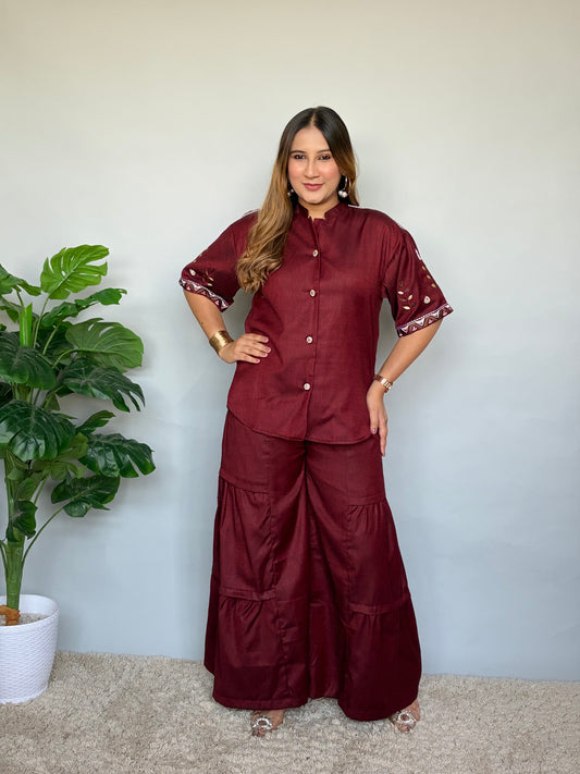 Maroon Cord Set With Embroidery