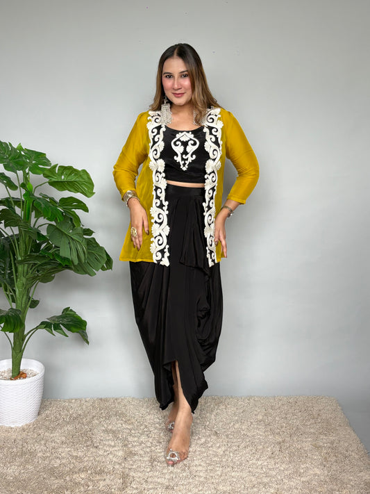 Black Drape Skirt Set With Yellow Jacket