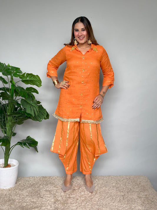 Orange Cord Set With Golden Work
