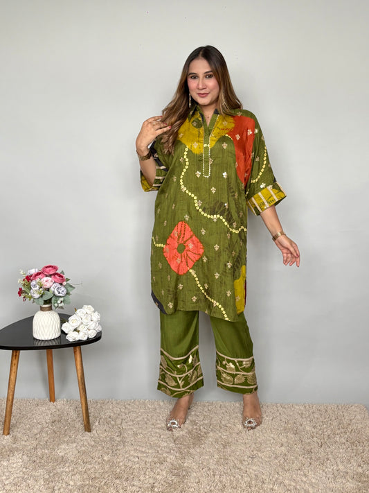 Olive Bandhani Print Cord Set