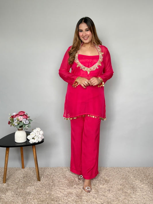 Red 3 Piece Set With Neck Embroidery