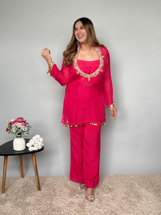 Red 3 Piece Set With Neck Embroidery