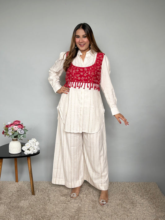 White Cord Set With Red Embroidered CropTop