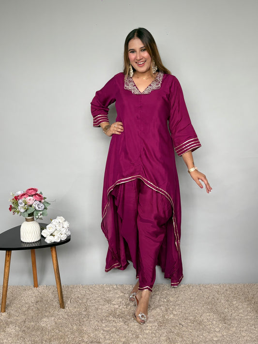Wine Asymmetrical Dhoti Set