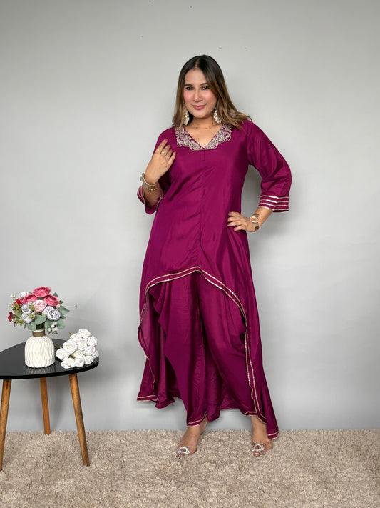 Wine Asymmetrical Dhoti Set