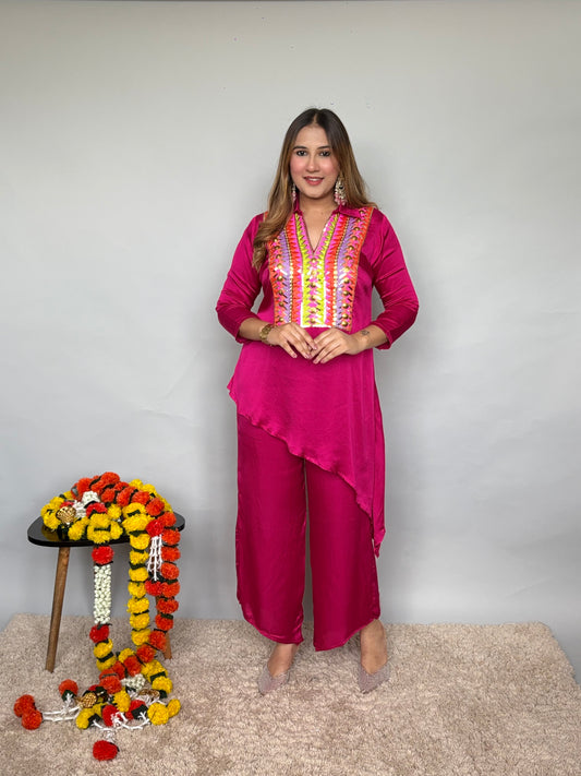 Vibrant Pink Cord Set With Colourful Embroidery