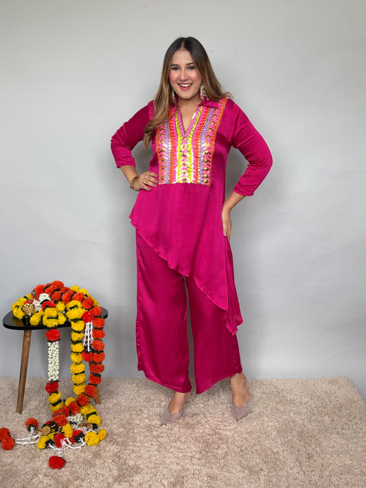 Vibrant Pink Cord Set With Colourful Embroidery